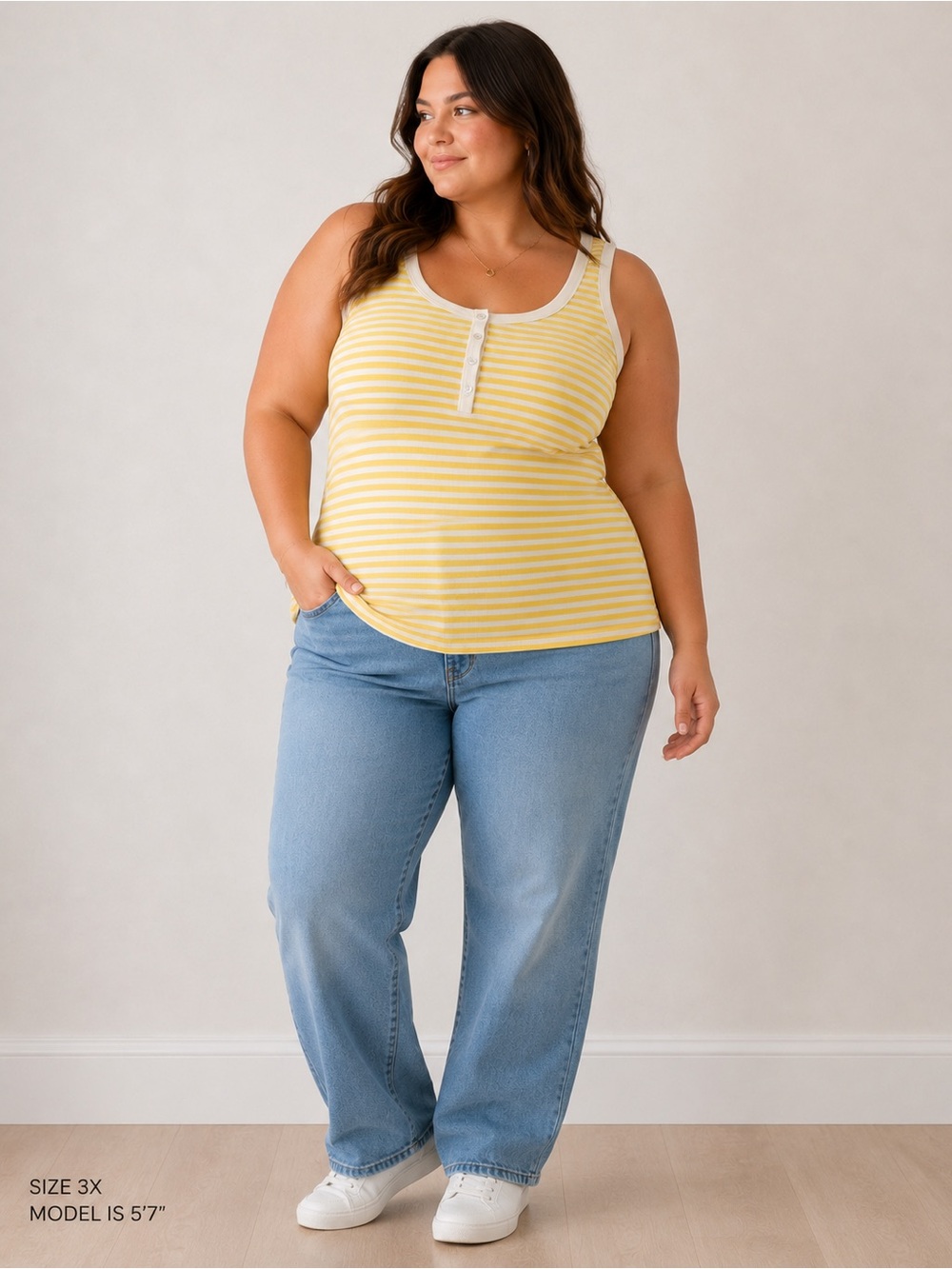 Torrid Yellow White Stripe Ribbed Henley Tank Top Plus Size 3 3X 22 24